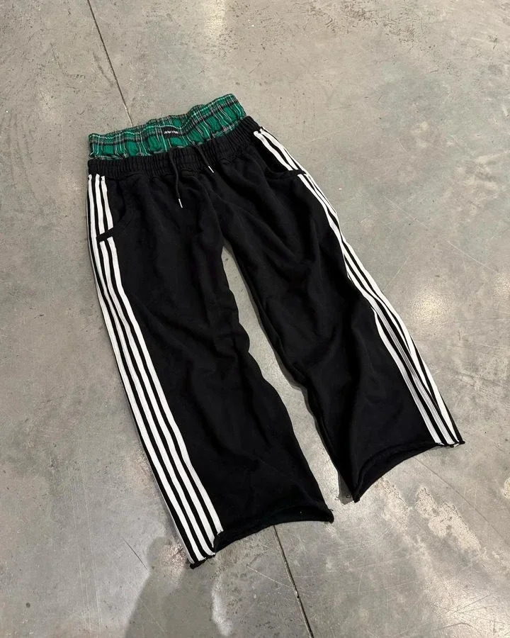 American Sweatpants Y2K Pants Gothic Hip Hop Retro Double Layer Strip Baggy Casual Pants Men Women Elastic Waist Jogging Trouser 250304