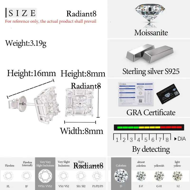 Orginal Sier Stud Earrings for Men Women D Color Moissanite GRA Certified Push Back HipHop Wedding Jewelry Gifts