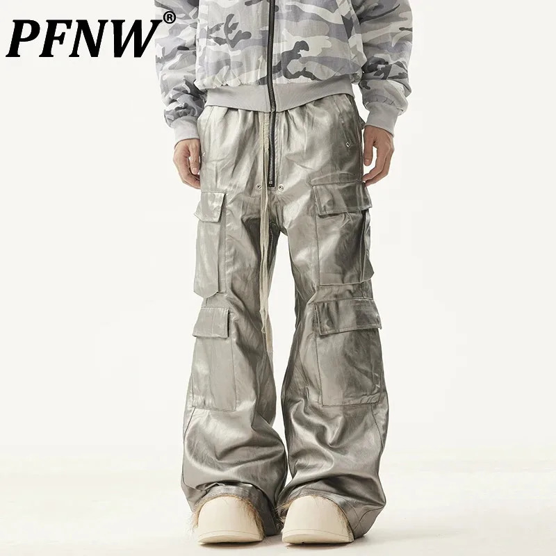 PFNW American Mens Trousers Drawstring Multiple Pockets Matte Coating Silver Stacking Slightly Flared Cargo Pants 28W5487 250304