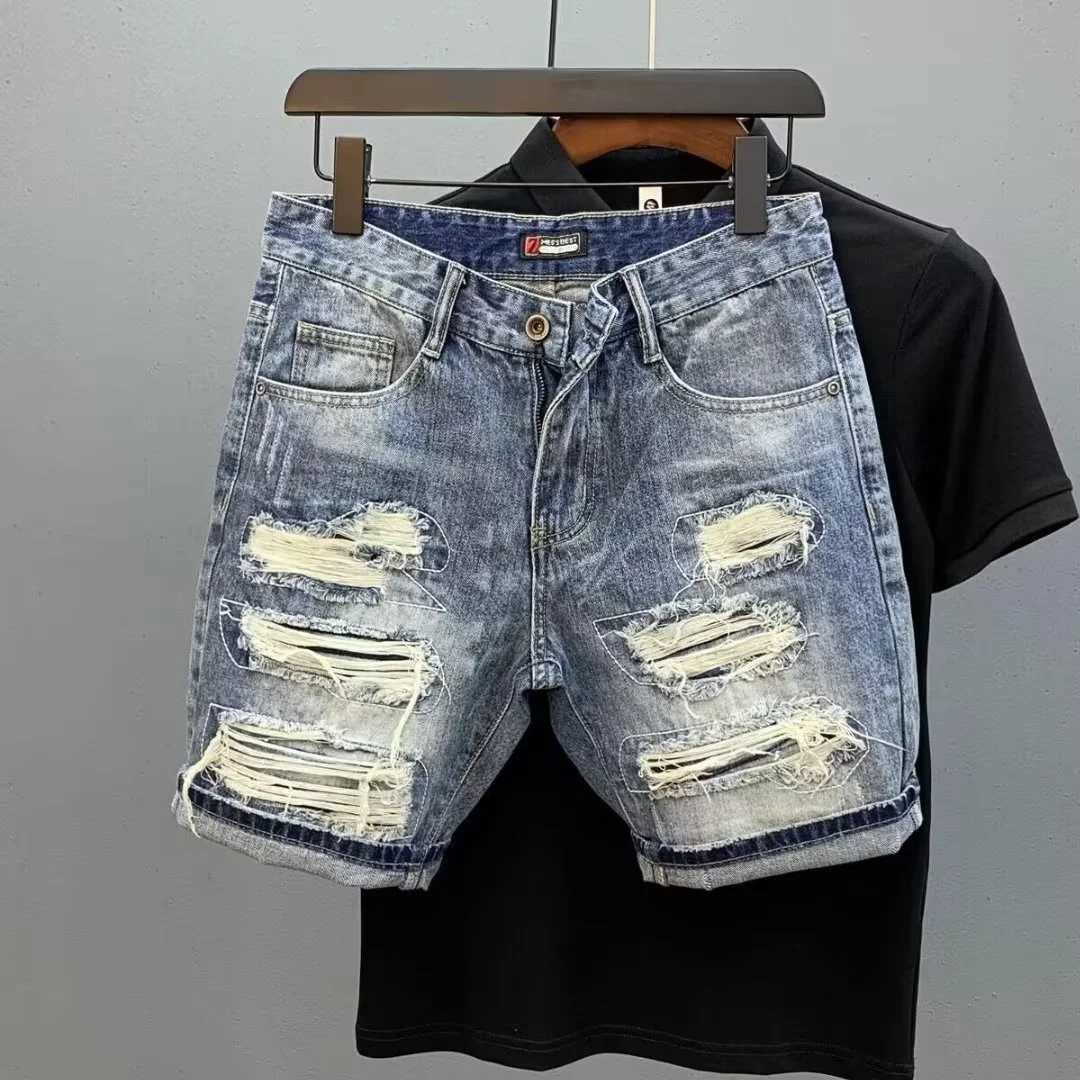 Summer Mens Brand Side Denim Shorts Scraped Torn 5 Points Men Loose Elastic Waist Jeans PantsT250305