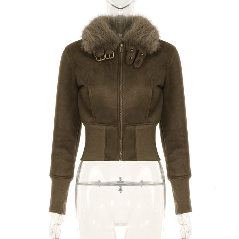 SUCHCUTE Brown Suede Trench Coat Vintage Zipper Outerwear Skinny Padded Jacket Streetwear Fashion 2024 Winter Female Warm Clothe 250304