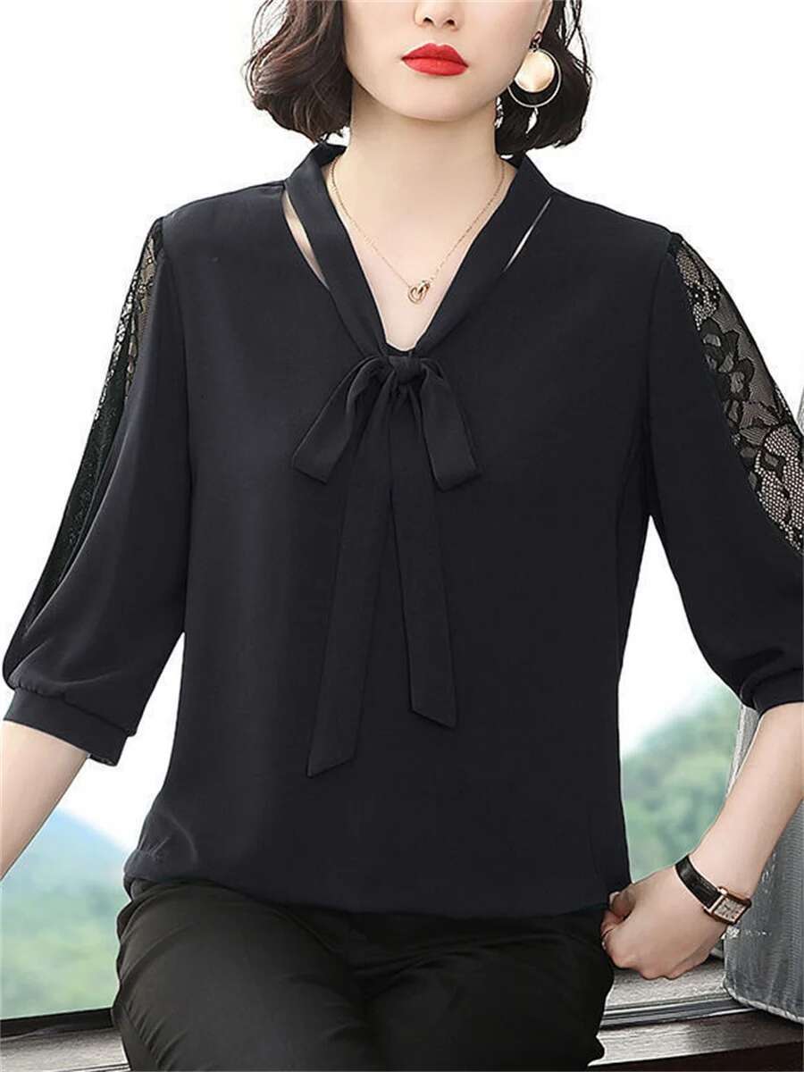 Women Spring Summer Style Blouses Lady Casual Bow Tie Colloar Half Lace Sleeve Loose Blusas Tops Df4275