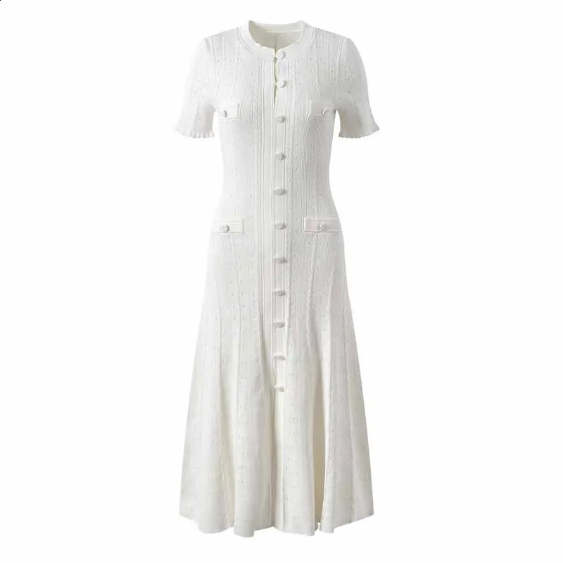 French Fashion Runway Knitt Single Breasted Mermaid Midi Dress Elegant Lady Ruffled Sleeve Hollow Out Slim Sweater 250305