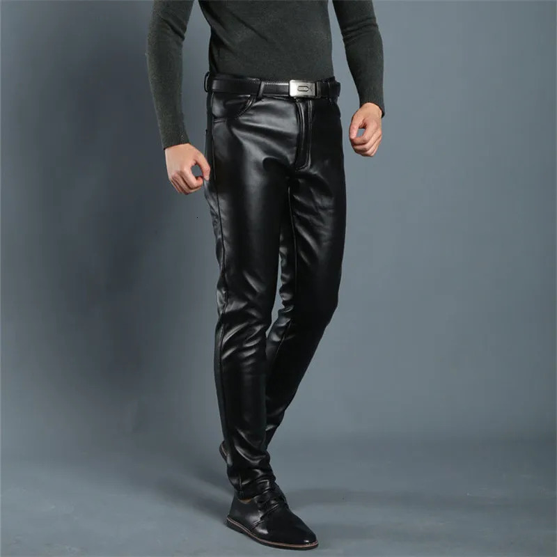 Leather pants mens long legs black solid synthetic leather jeans casual tight Korean fashion slim fit motorcycle 250304