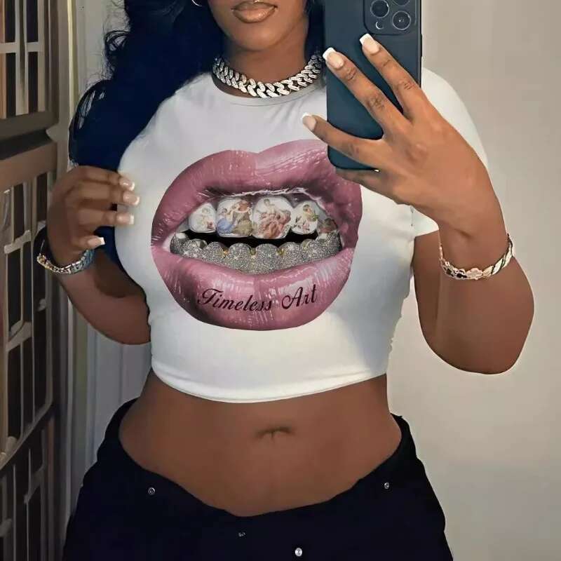 New American Round Neck Sexy Lady Exposed Belly Button Outfit T-Shirt Summer Versatile Pattern Printed Short Sleeved Tops