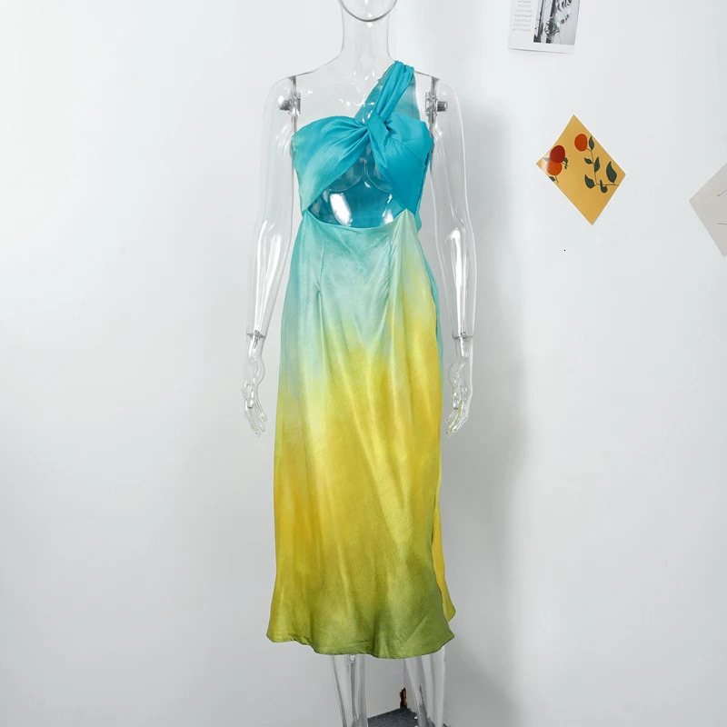 Gradient Satin Long Dres Elegant One Shoulder Sleeveless Backless Dresses Sexy Tiedye Party 250304