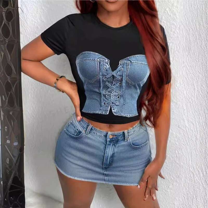 New American Round Neck Sexy Lady Exposed Belly Button Outfit T-Shirt Summer Versatile Pattern Printed Short Sleeved Tops