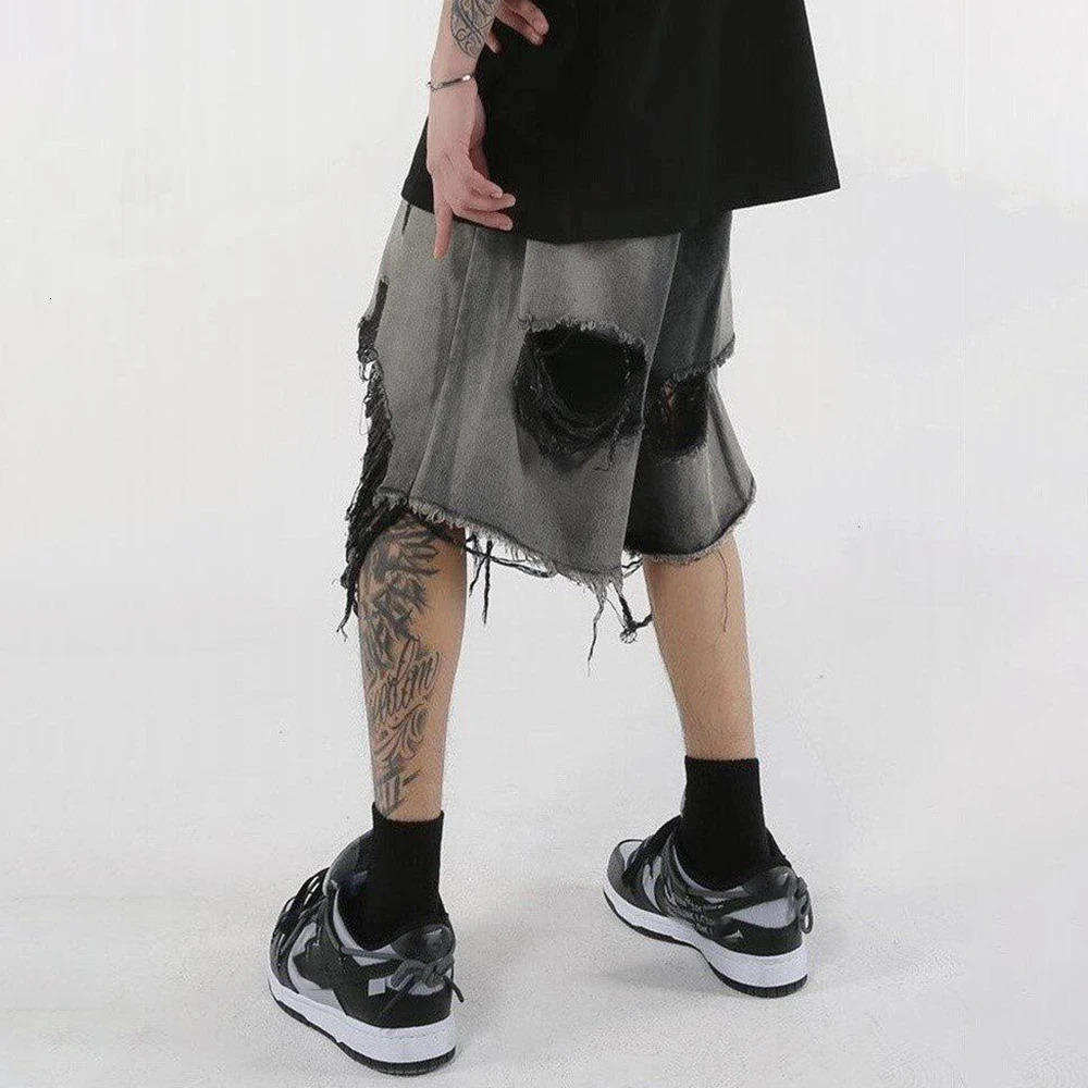 High Street Loose Washed Old Ripped Shorts American Retro Shorts Summer Street Y2K Hip Hop Tassel Wide Leg Casual Denim Shorts 250304