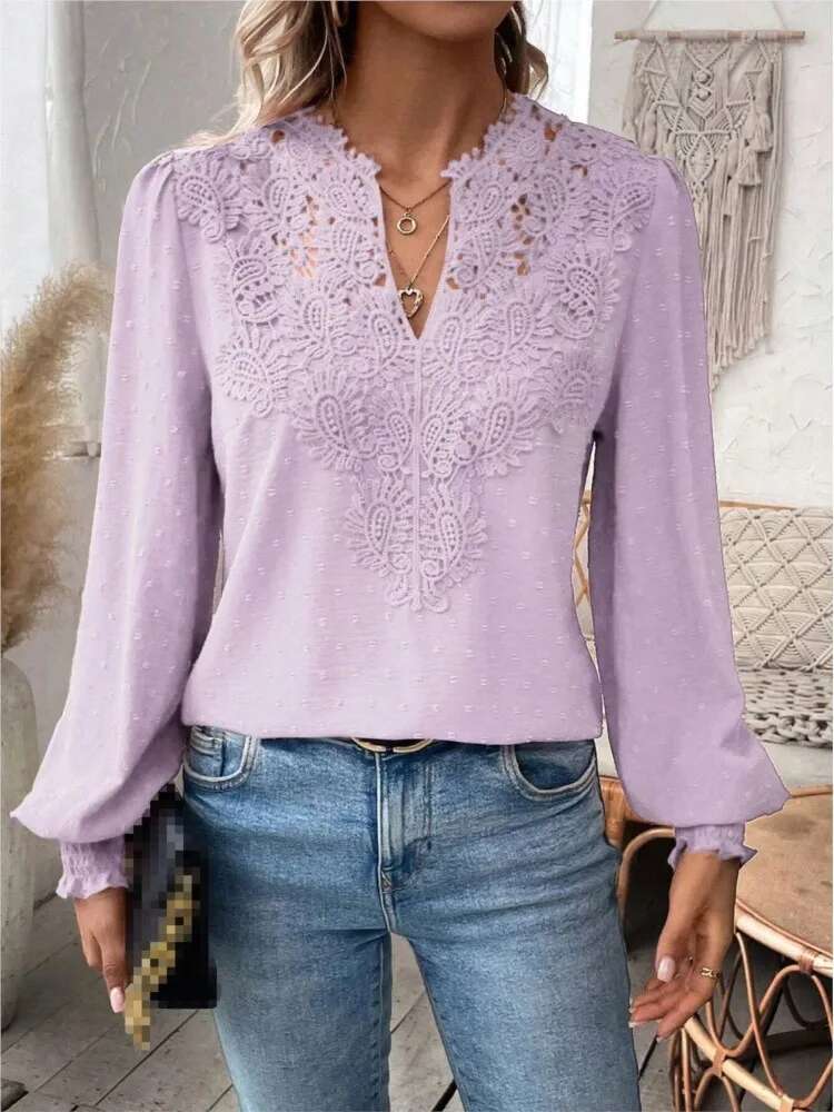 2024 Autumn New Sexy V-Neck Fashionable Lace Patchwork Solid Color Long Sleeved Shirt Women's Clothing