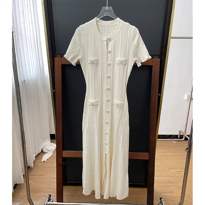 French Fashion Runway Knitt Single Breasted Mermaid Midi Dress Elegant Lady Ruffled Sleeve Hollow Out Slim Sweater 250305