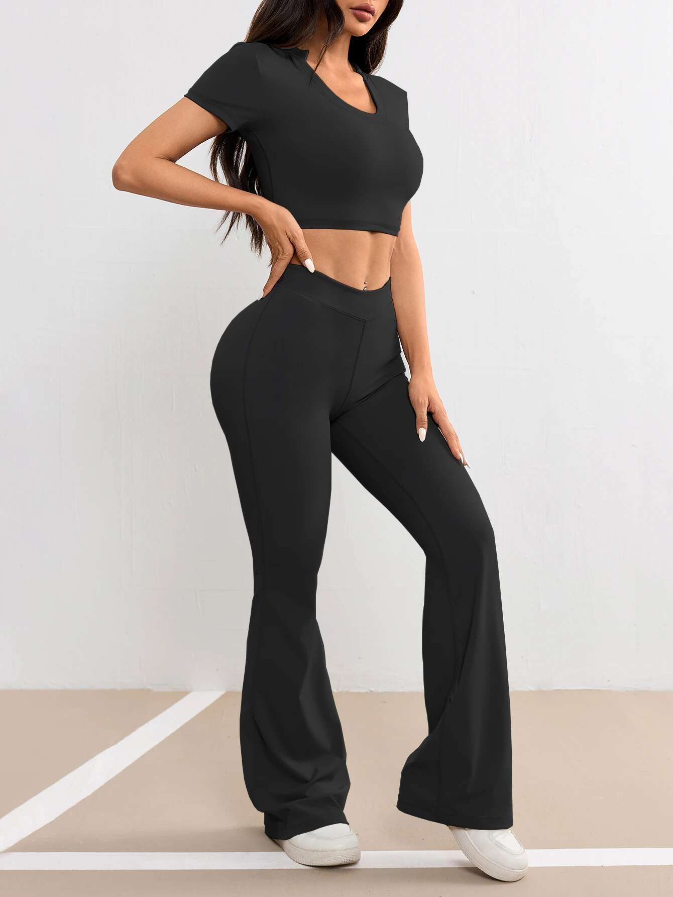 2 PCS Sets For Women Gym Wear Workout Breathable T Shirts Fiess Flare Pant Jogging Leggings Activewear Yoga Suit