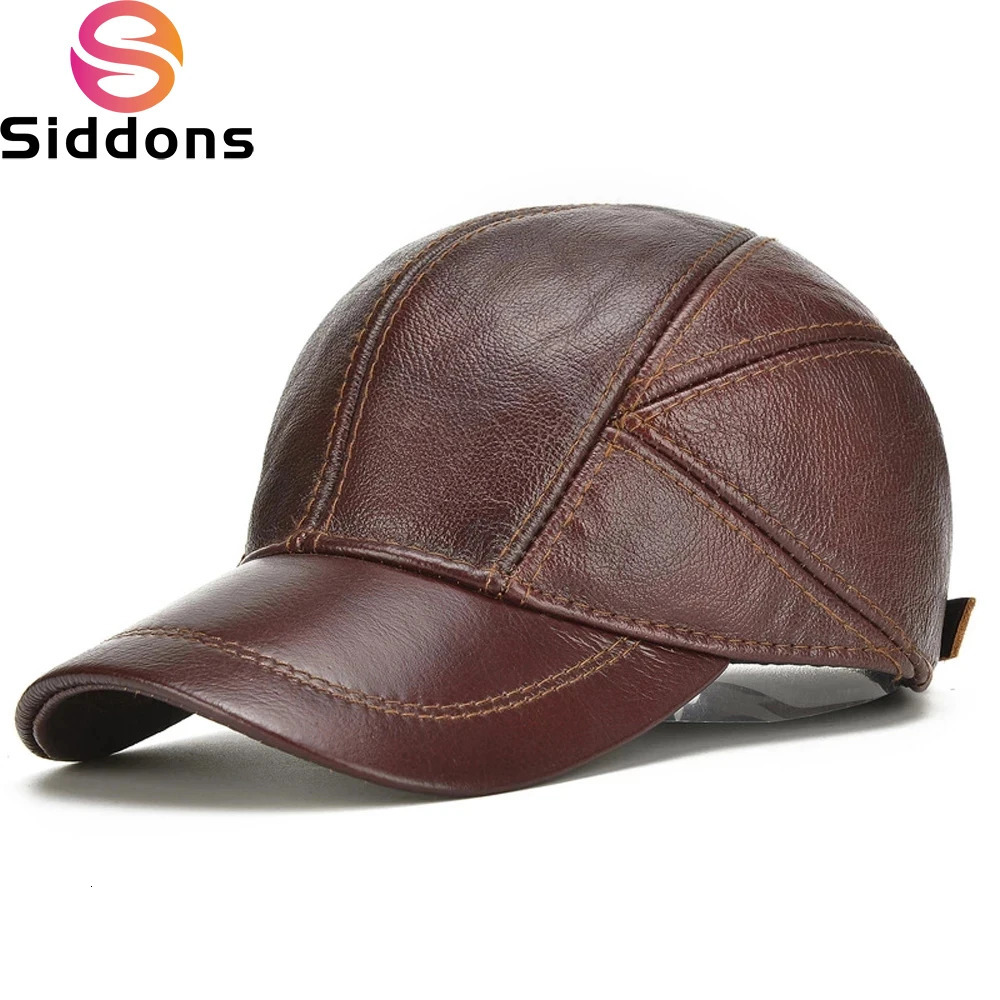 Mens 2025 Casual Real Leather Earflap Cap Men Cowhide Caps Male Fall Winter Genuine Cow Baseball Hats 250228