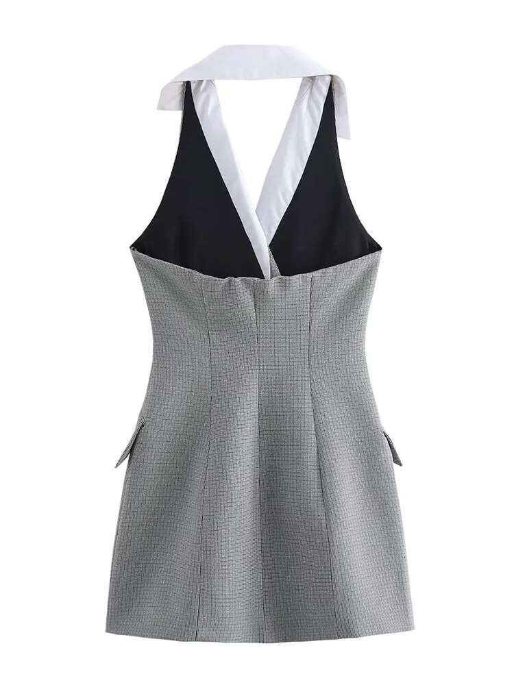 Fashion Women Plaid Halter Mini Dresses Pffice Ladies Sleevless Double Breasted Slim Chic Elegant Party Dress