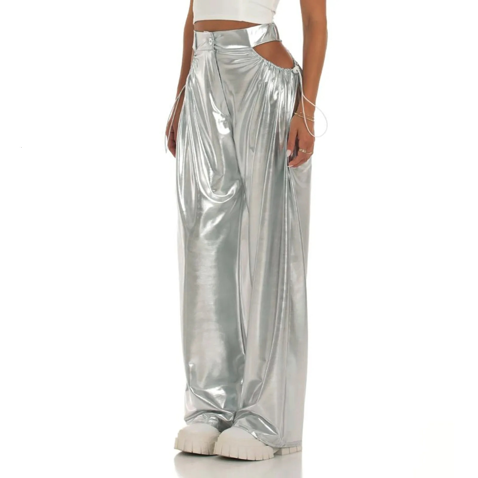 Womens Silver Straight Pants Hollow Out Pockets High Waist Dancewear Pleated Flowy Casual Drawstring Sporty Yoga Clothes 250304