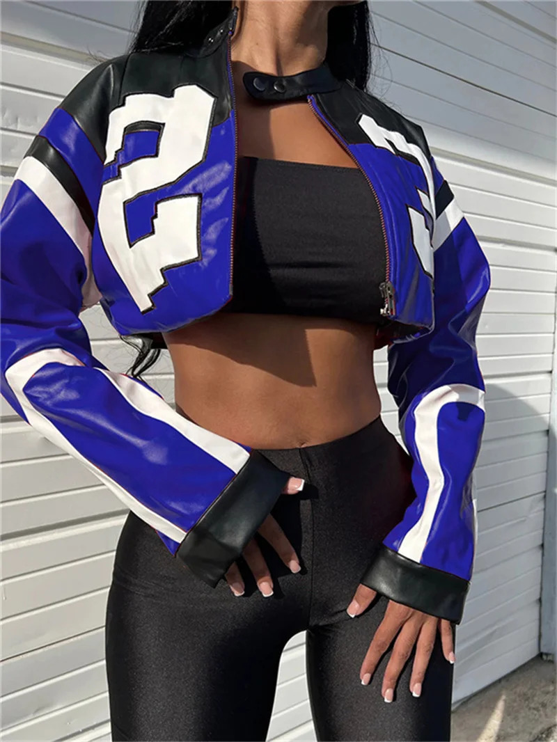 Fall Zipper Jackets For Women Loose Patchwork Crop Tops Jackets Coats Varsity Bomber Long Sleeve Pu Leather Black Jackets 250304