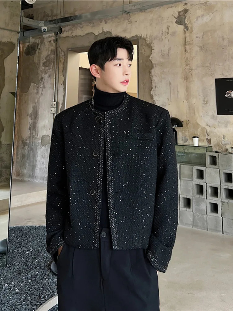 SYUHGFA mens 2024 autumn collarless highquality short loose wool jacket Korean streetwear single chest 250304