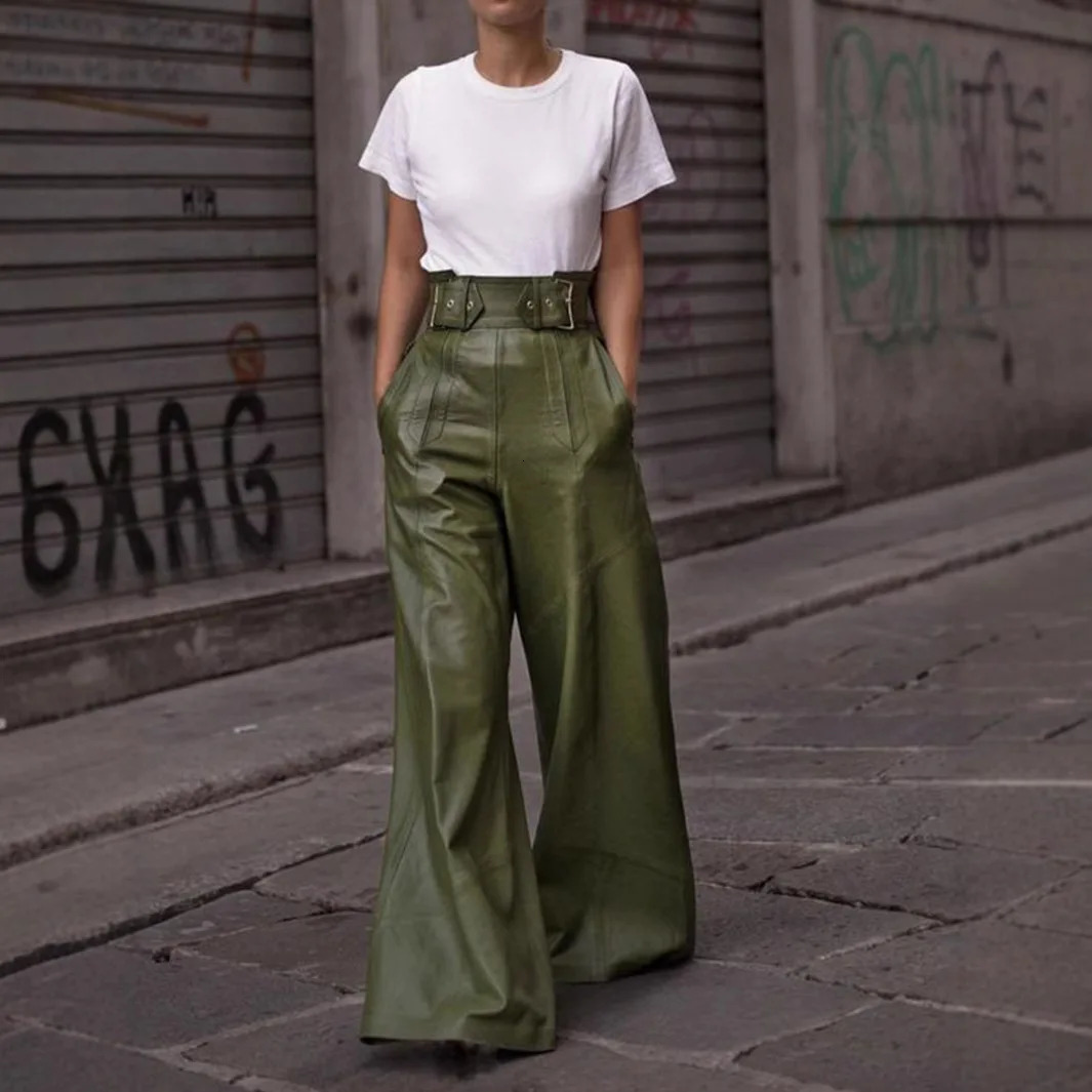 Casual Loose Leather Pant High Waist Wide Legs Solid Pocket Flare Female 2025 Autumn Fashion Belt Streetwears Lady 250304