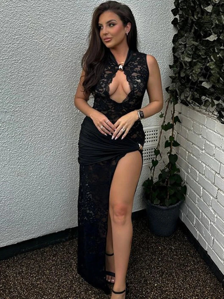 Sibybo black lace womens long dress sleeveless hollow high seam tight fitting evening gown sexy ultrathin party vest 250304