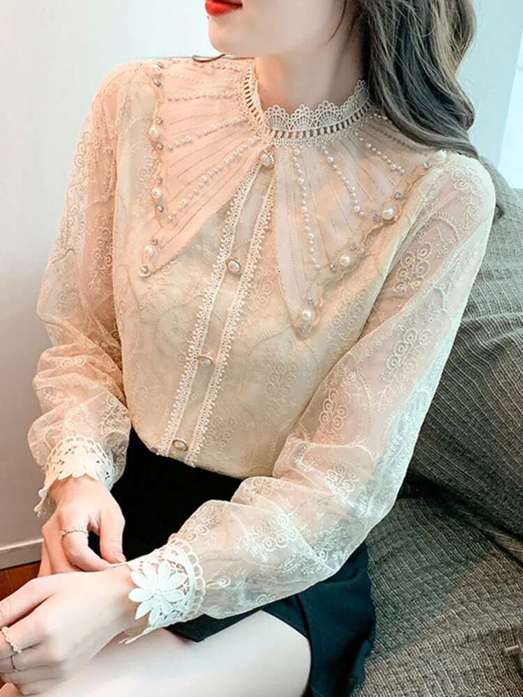 #2544 Vintage Lace Blouse Women Ruffles Collar Split Joint Buttons Pullover Womens Tops And Blouses Long Sleeve France Style