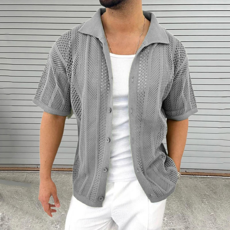Vintage Knitted Hollow Out Shirts Men Fashion Button Lapel Short Sleeve Knit Shirt Summer Mens Knitwear Casual Solid Color Tops 250304