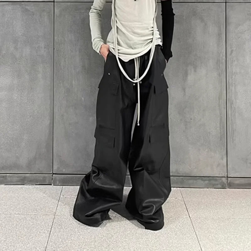 RO Style Matte PU Leather Pants for Men High Street Y2k Hombre Baggy Overall Wide Leg Drawstring Cargo 250304