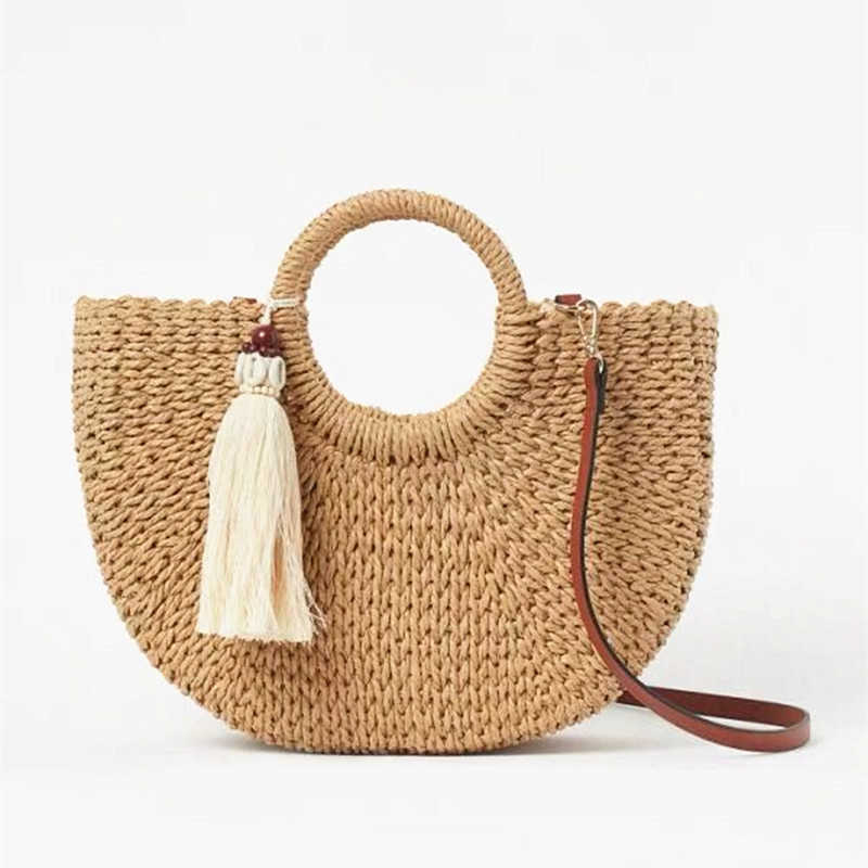 Craft's New Round Bucket Hand-held Moon Bag, Tassel Woven Bag, Beach Bag 250315