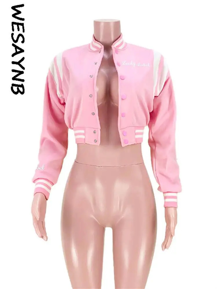 Pink Fashion Baseball Fall Outfits Jackets For Women Button Embroidery Crop Top Jackets Coats Varsity Bomber Jackets 250304