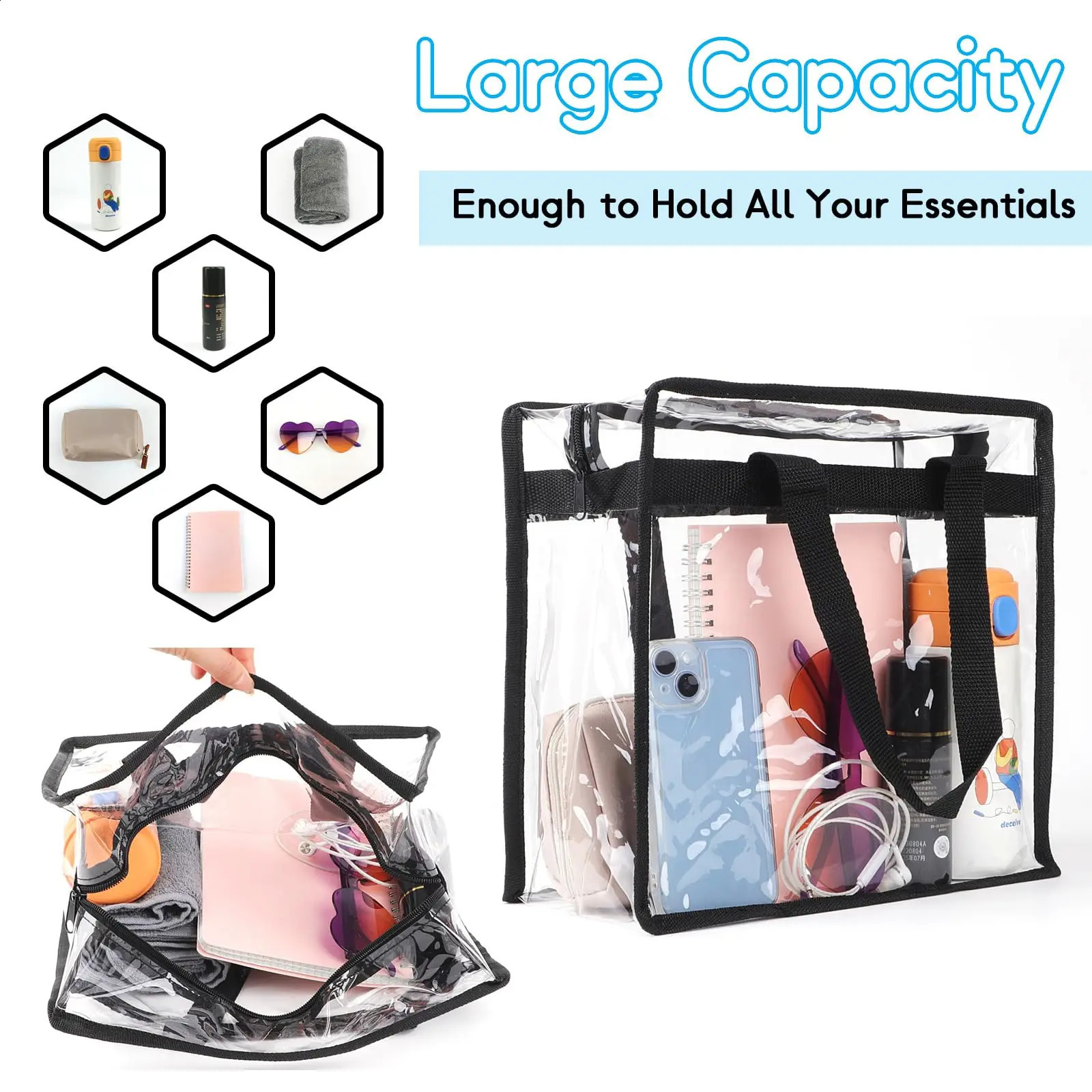 Ship from US Transparent bag for sports events approved large capacity transparent shoulder zippered handbag used concerts 250305FBB