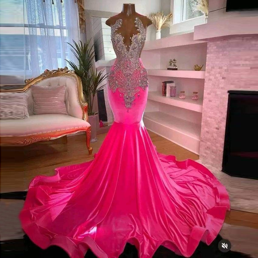 Hot Pink Diamond Prom Dresses 2025 For Women Birthday Outfit Black Girsl Vlevet Mermaid Party Dress Vestido Festa Customized