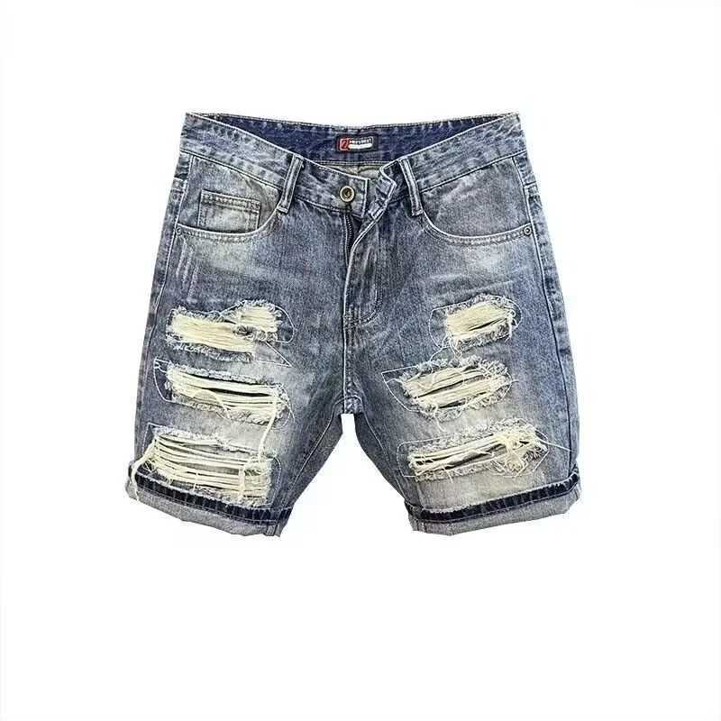 Summer Mens Brand Side Denim Shorts Scraped Torn 5 Points Men Loose Elastic Waist Jeans PantsT250305