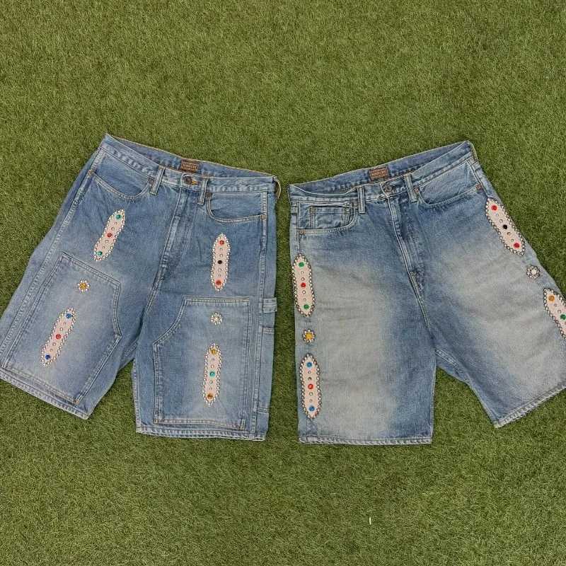 Streetwear New Fashion Blue Washed Diamond Baggy Denim Shorts Women Y2K Harajuku Vintage Hip Hop Popular Casual Joker ShortsT250305