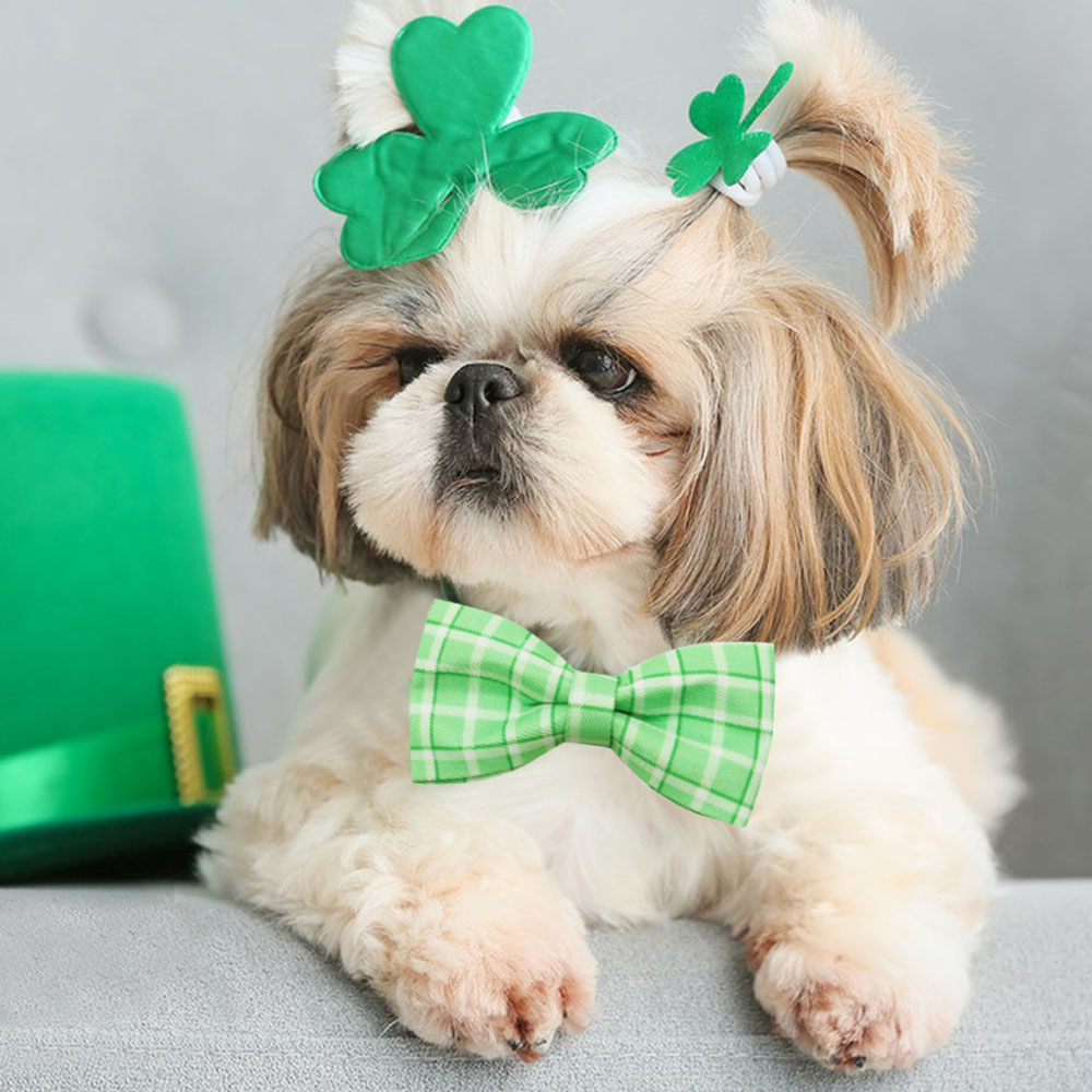 10PCS Green Plaid Style Dog Bow Ties With Elastic Bands Removable St. Patrick's Day Dog Bowties Collars Pet Accessories For Dogs