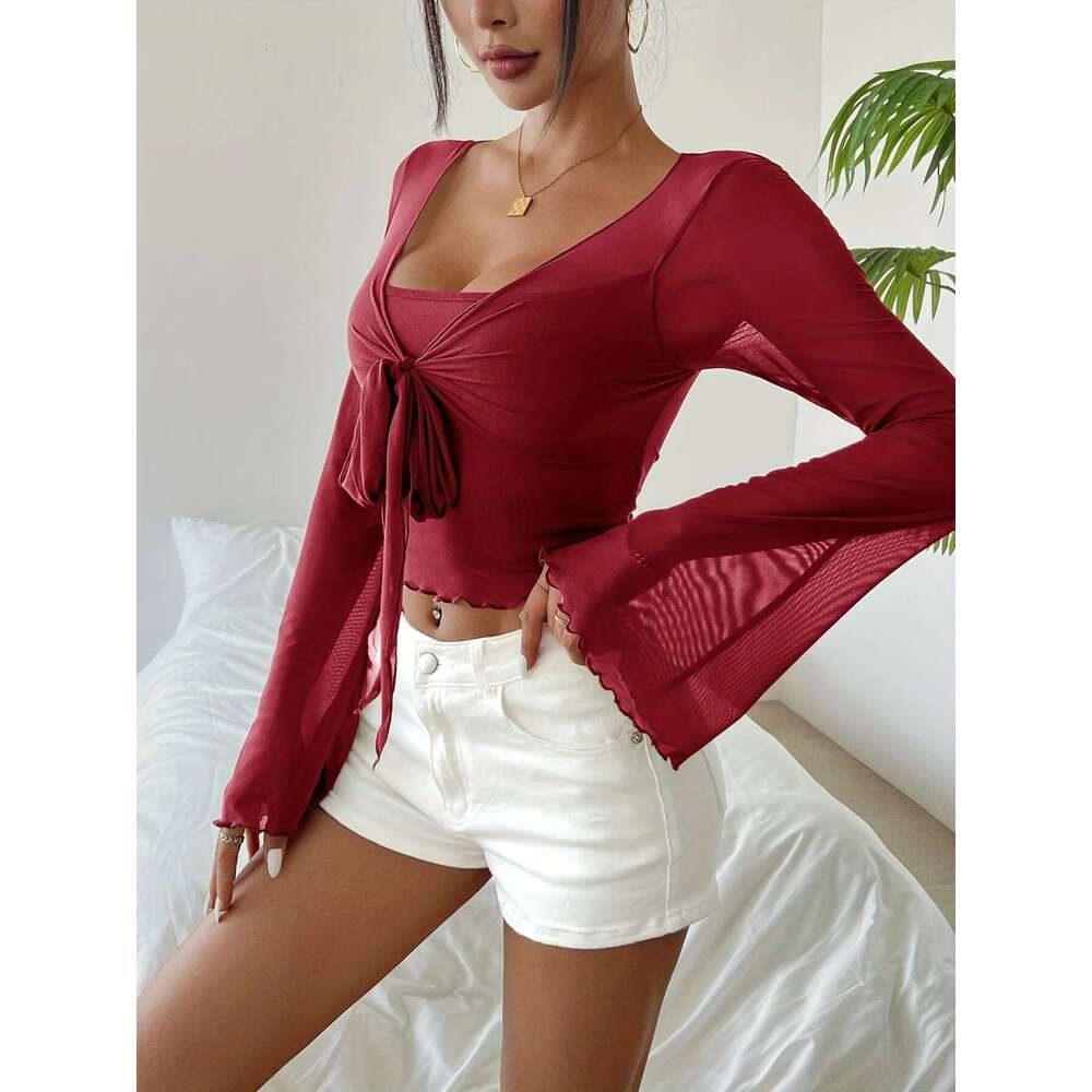 Women's Flat Sleeve V-Neck Fringed T-Shirt Solid Color, Elegant, Spring and Autumn Clothing