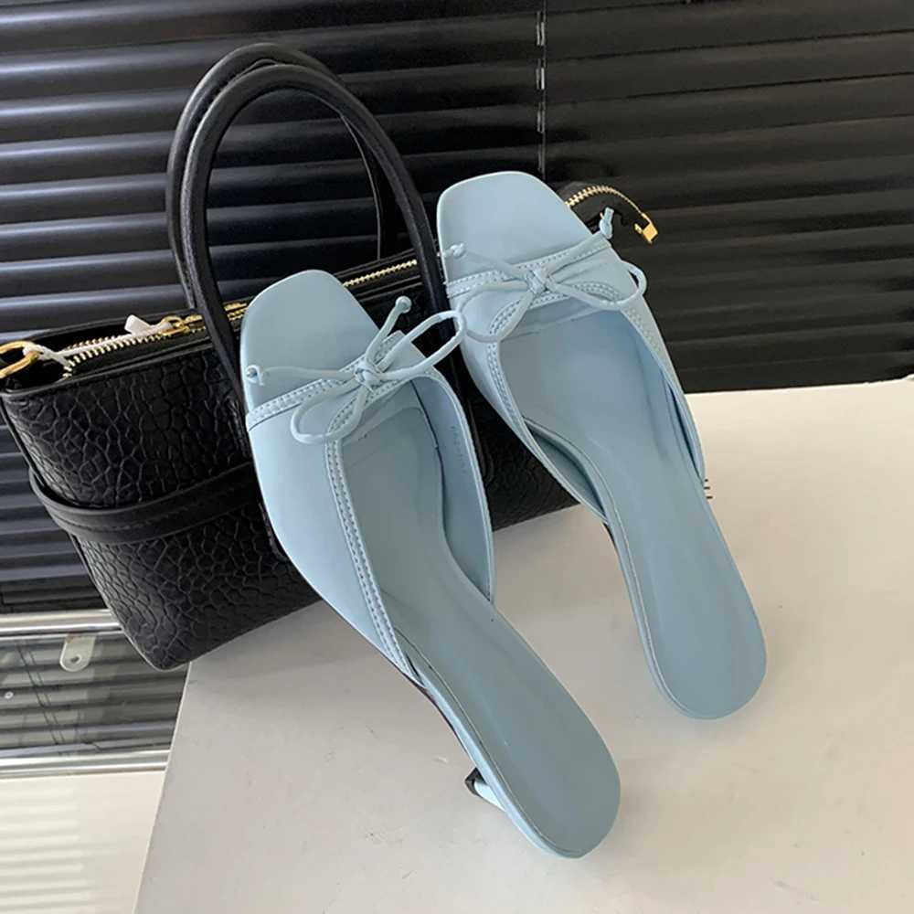 Aneikeh 2025 New Cfortable Low Heel Square Sandals Sweet Bow Silk Thick Heel Slippers for Ladies Outwear Blue Slides Y250304