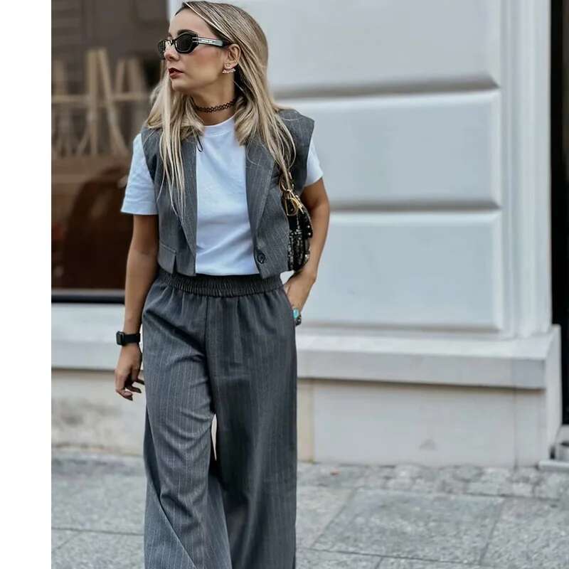 TRAF 2025 New Elegant Sets Women's Summer Holiday Fashion Loose Striped Elastic Waist Pants Suit Street Chic Youth 2-Piece Set
