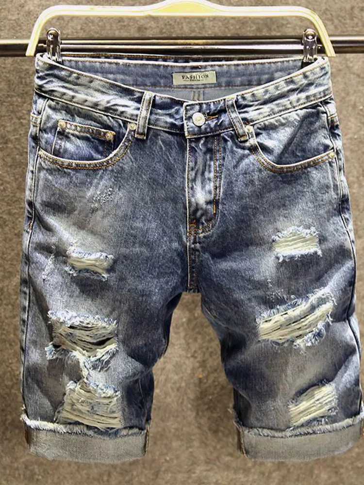 2024 Summer New Fashion Solid Color Ripped Stretch Denim Shorts Mens Casual Slim Comfort High Quality Plus Size Shorts 28-36T250305