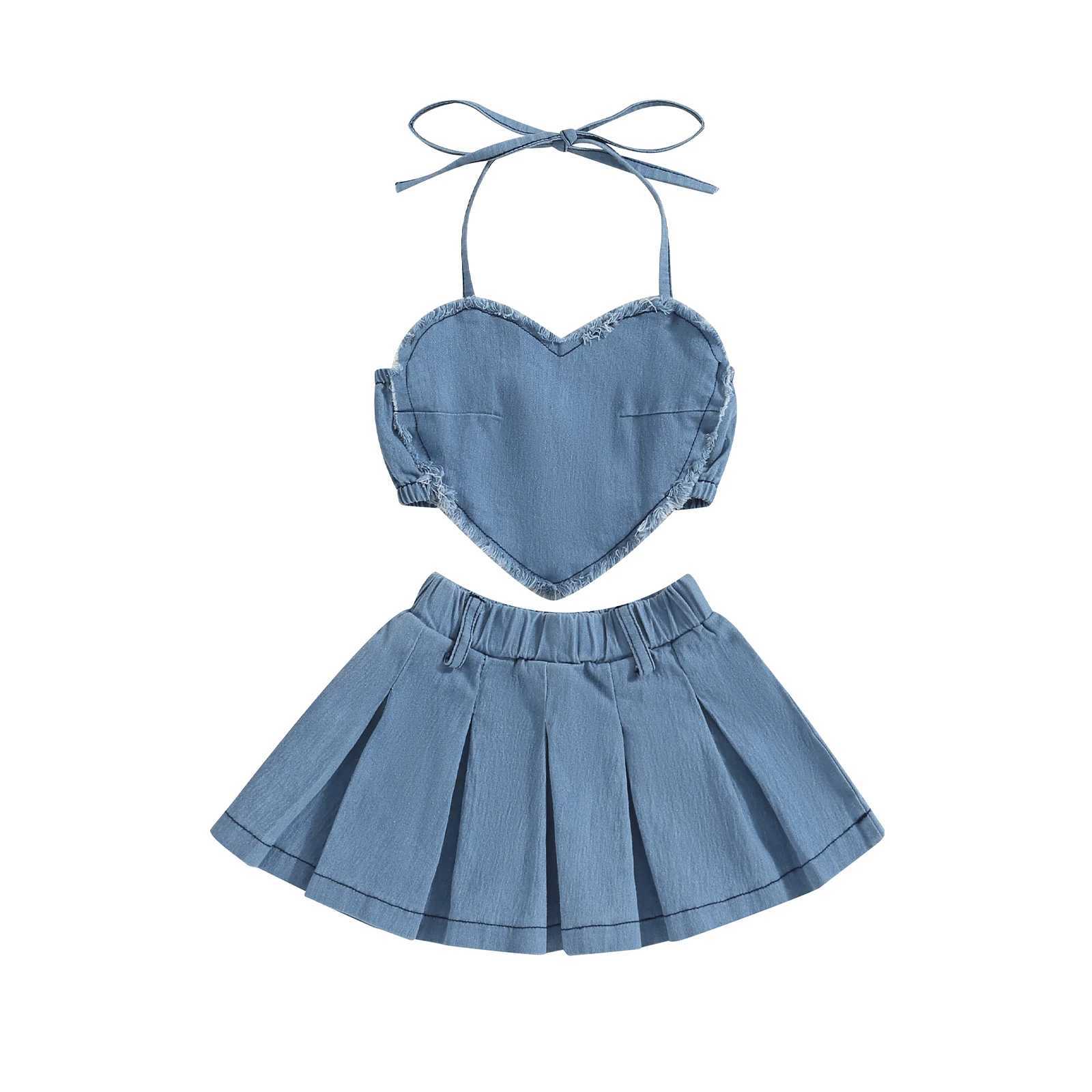 Pudcoco Toddler Kids Baby Girls 2Pcs Denim Outfits Sleeveless Halter Neck Heart Tops + Pleated Skirt Set Kid Clothes 1-6TXJ250305
