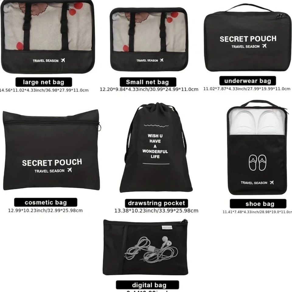 Ship from US 7 Pcs Set Travel Luggage Packing Cubes Clothes Organizers With Toiletry Bag Clothing Classification Shoes 250305FBB