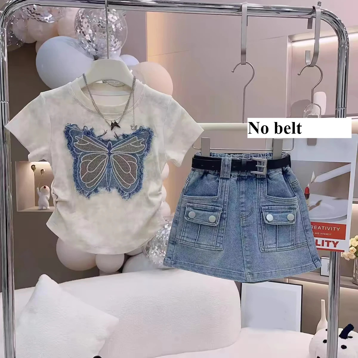 Girls Clothing Sets Summer Personalized Ragged Fabric Splicing Embroidered Short sleeved TopChildrens Casual Denim Skirt Suits 250304