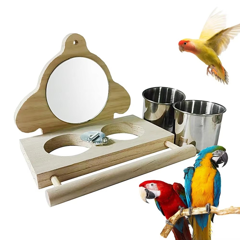Parrot Perch Wooden Parakeet Mirror Toy Bird Parrot Perch With Mirror And Feeding Cups Cage Play Toy For Lovebird