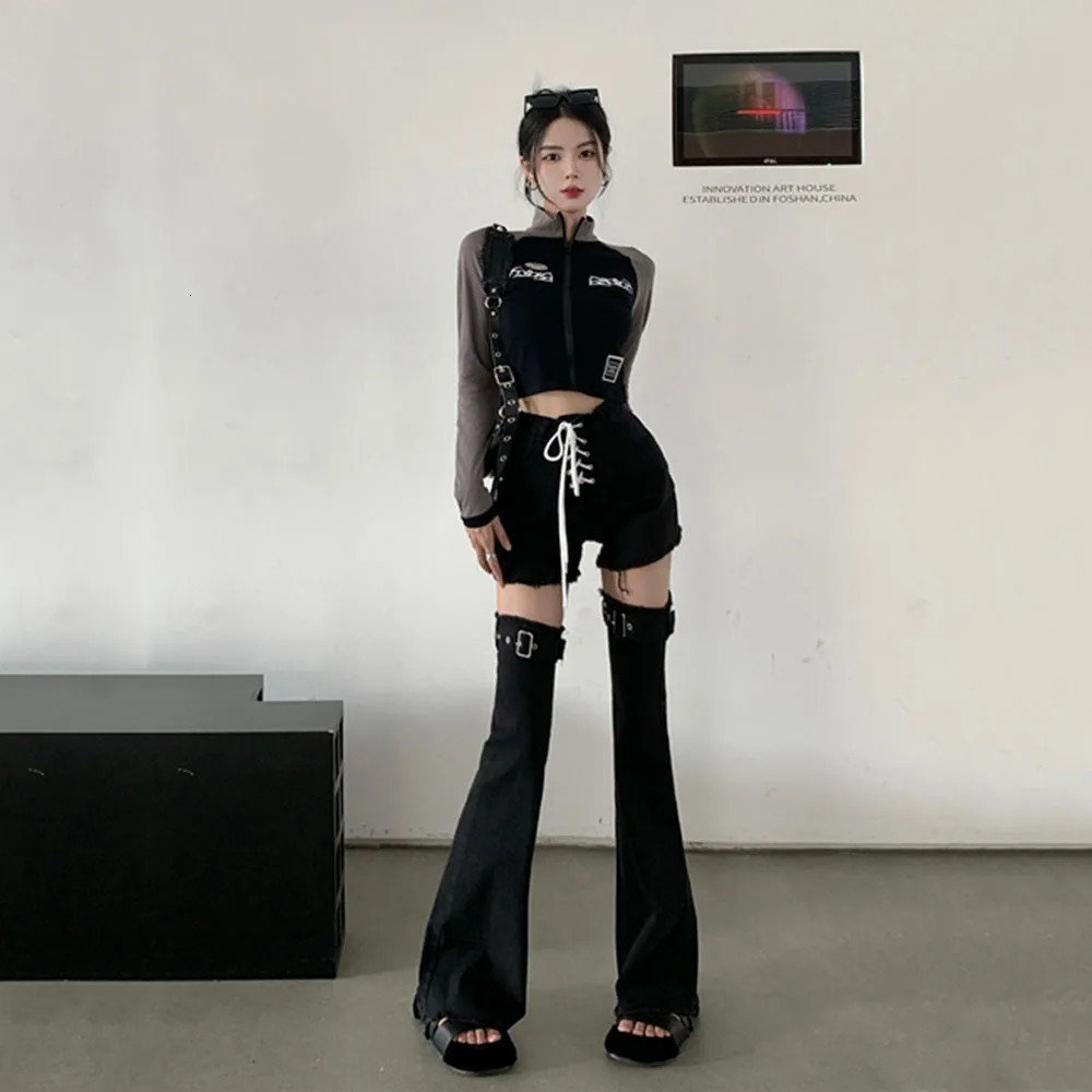 Black lace shorts for womens fashion gothic punk denim long pocket jeans with warm legs star diamond glitter pants 250304