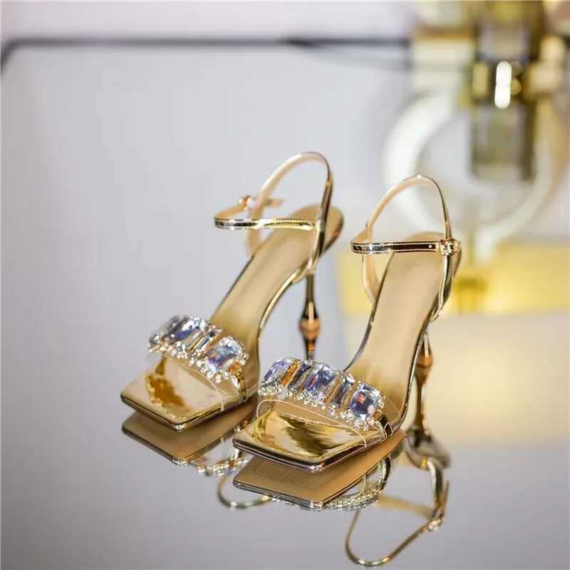 Gold Jewelry High Heels Sandals Women Summer Square Toe Shiny Crystal Sandals Woman Ankle Straps Thin Heel Party Pumps ShoesXJ2500305