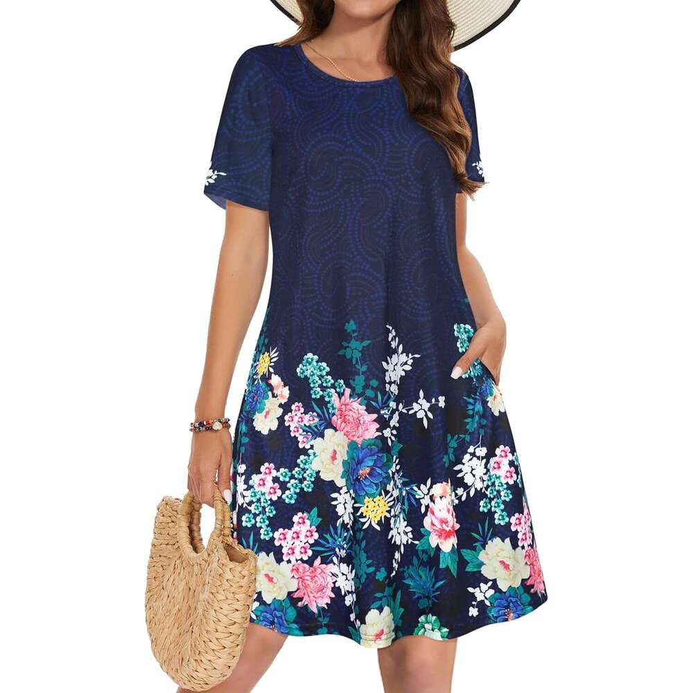 Women's summer dress casual T-shirt short sleeved floral vest skirt beach cover with pockets