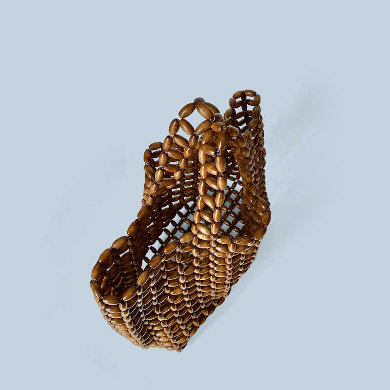 Korean Ins Niche Design Wooden Bead Bag Hand Woven Bag Armpit Bag Shoulder Bag Hollowed Out Bag Vacation Beach Bag 250315