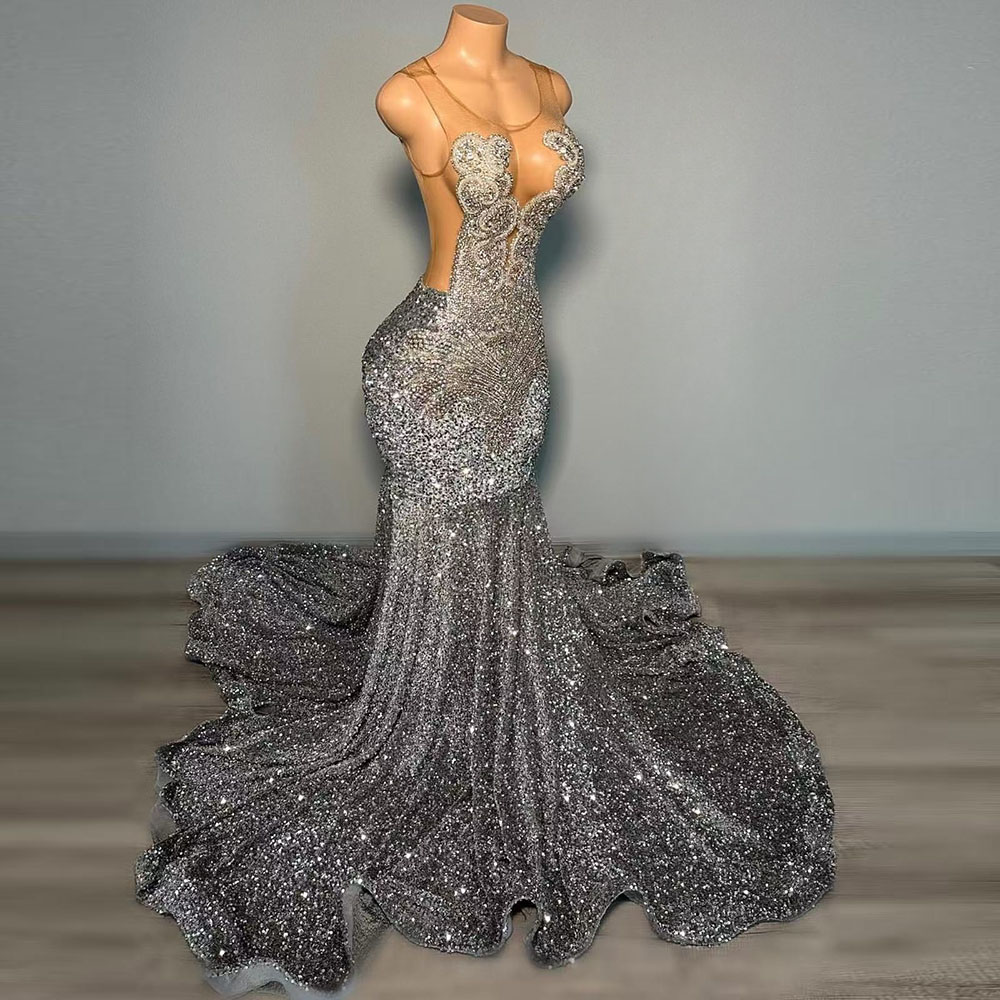Sparkly Silver Prom Dresses 2025 Luxury Crystal Diamond Sequin Mermaid Party Gowns For Black Girl Evening Dress Customized