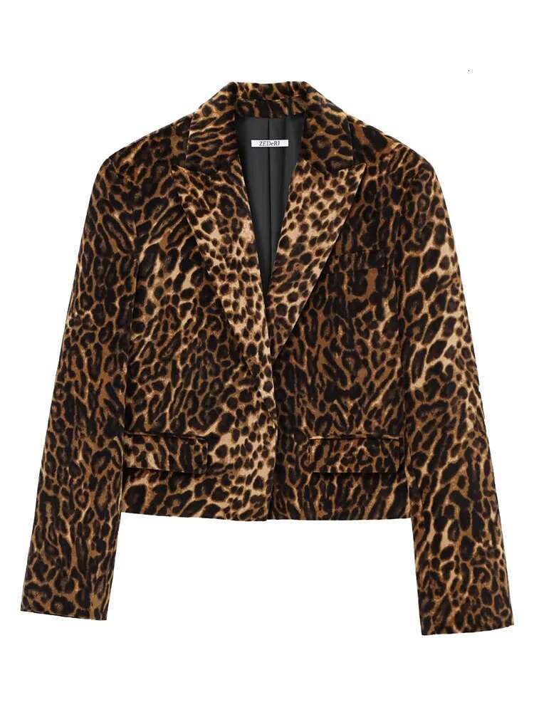 TRAF 2024 Autumn Women Leopard Print Veet Blazer Suit Fashion Notched Pockets Cropped Jackets Side Zipper Mini Skirt
