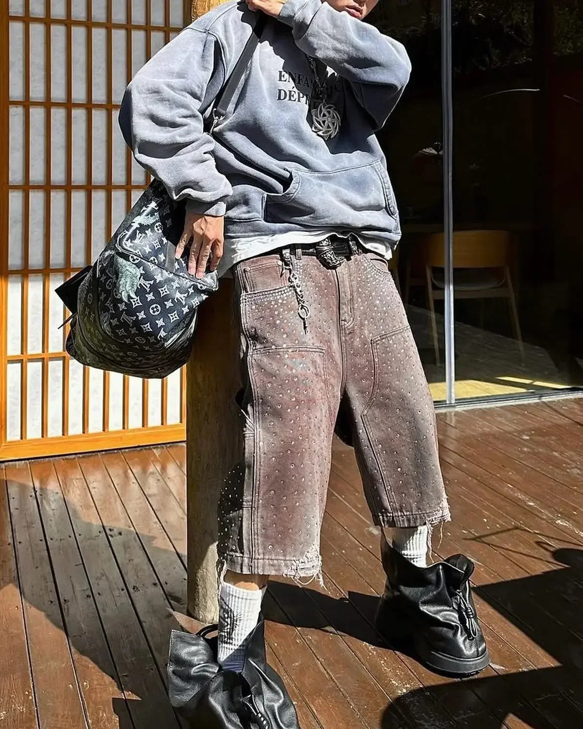 Y2k Retro Washed Brown Gothic Denim Shorts Fashion Klein Diamond All Embroidery Men Women Clothing Jorts Baggy Streetwear 250304