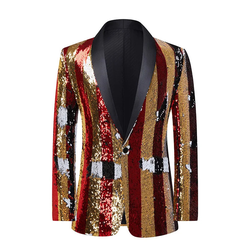 Mens Shining Sequin Stripes Suit Jackets Gold Red Shawl Collar Formal Blazer Male Singer Bar Concert Performance Tuxedo Costume 250304