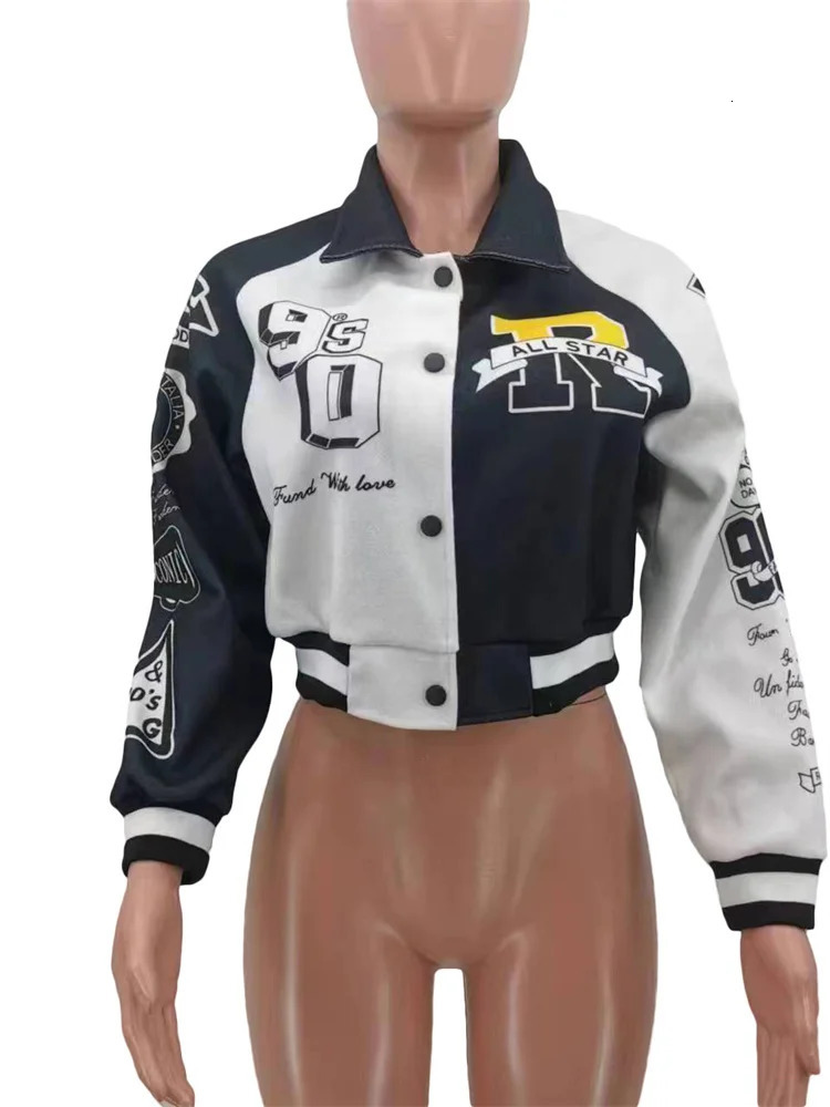 Fashion Baseball Buttons Fall Jackets For Women Crop Tops Jackets Coats Varsity Bomber Long Sleeve Print Green Black Jacket 250304
