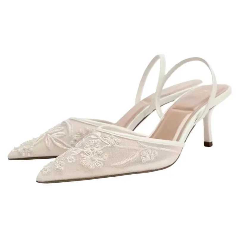 TRAF Wan Vintage Embroidered High H White Pointed Toe Stiletto High H Pumps Autumn Elegant Fem Slingback High H Y250304